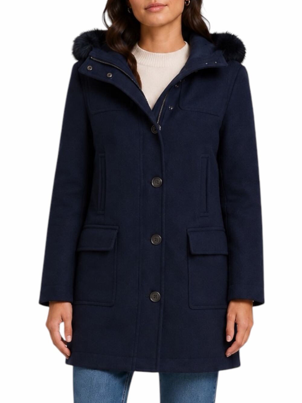 Ann Taylor Weekend Collection Faux Fur Trim Wool Duffle Coat Blue Size M